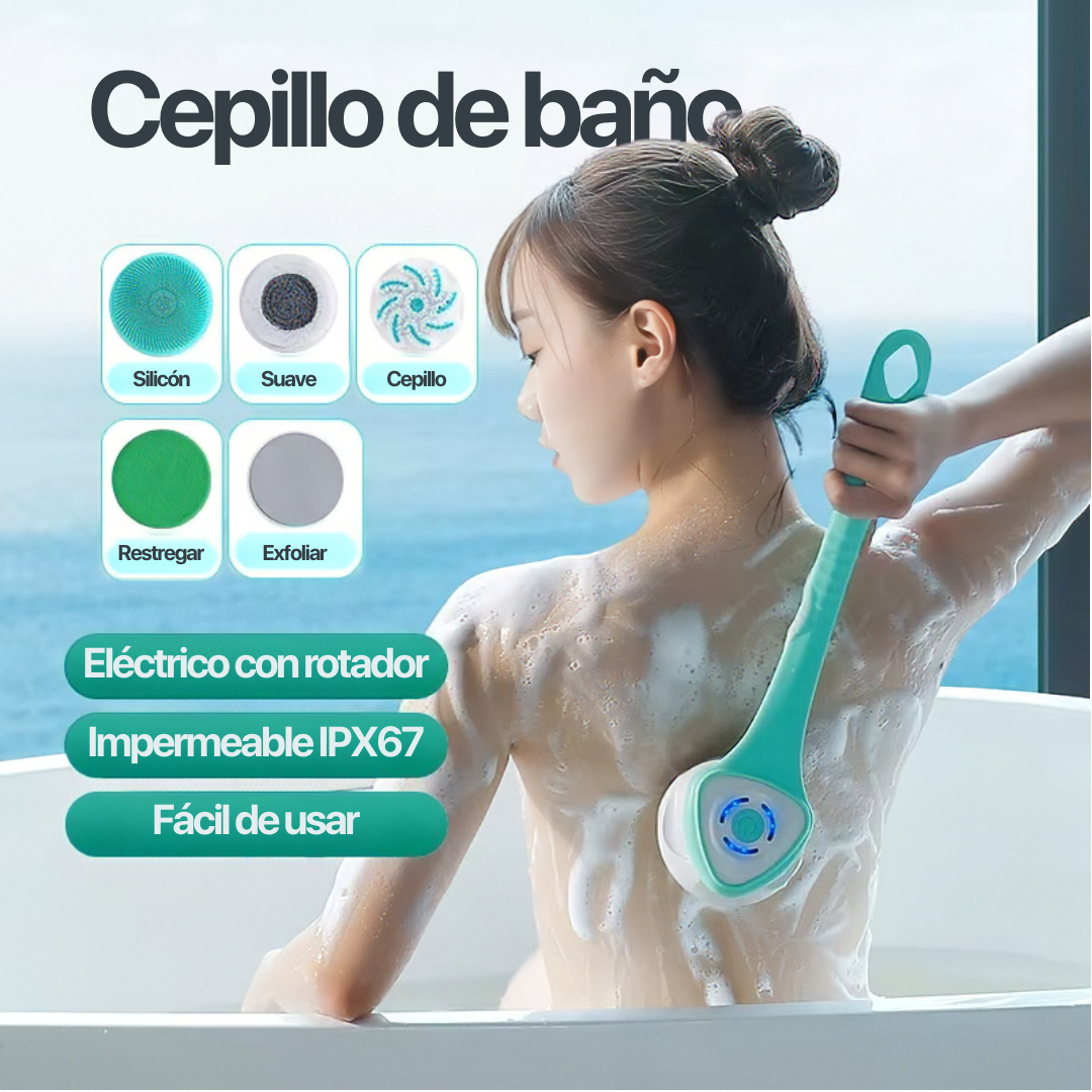 Cepillo de baño, exfoliante, eléctrico, cabezal giratorio, 5 tipos de cepillo, 3 velocidades, tipo C, largo, plástico resistente, resistente al agua