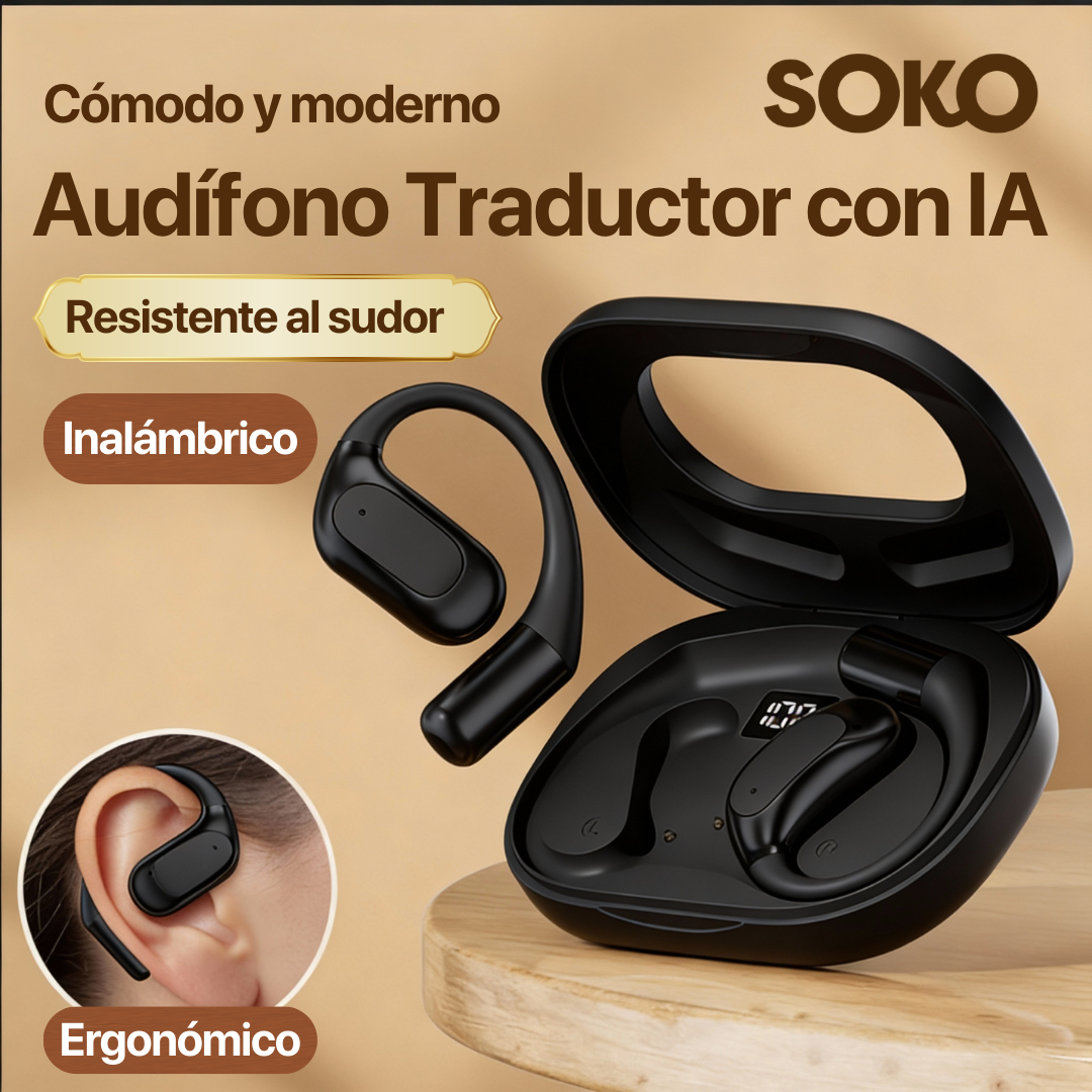 Audífono ergonómico con traductor IA, Resistente al sudor, Bluetooth, Tipo C, Negro