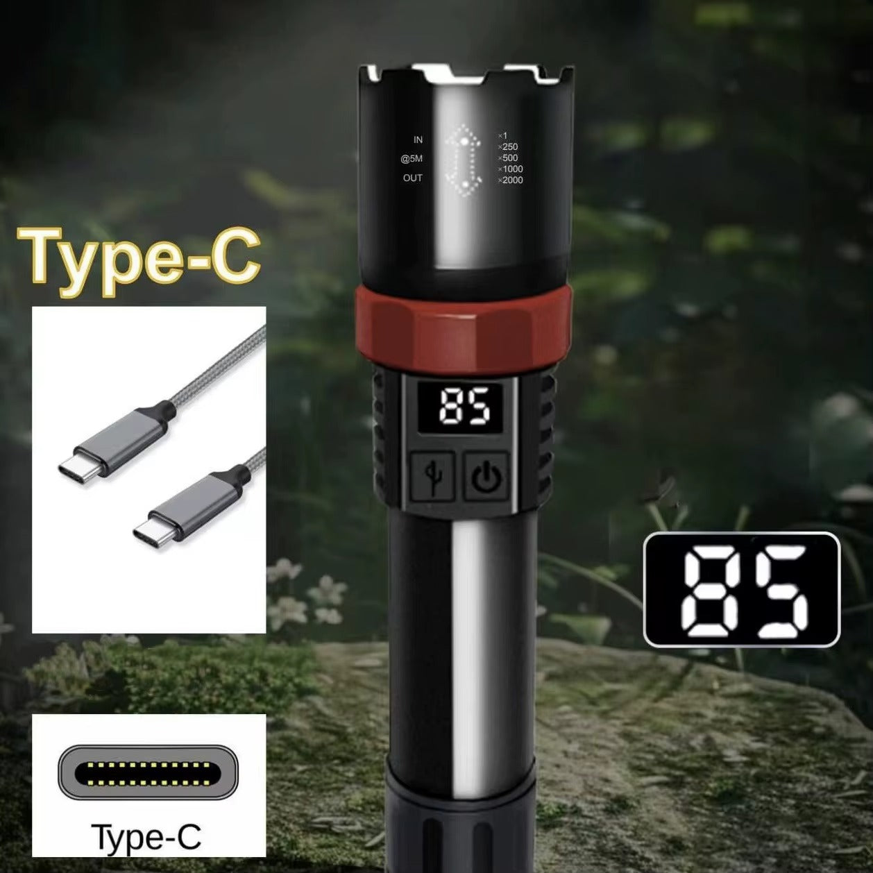 Linterna Táctica Recargable USB – Zoom Telescópico + Luz LED Potente